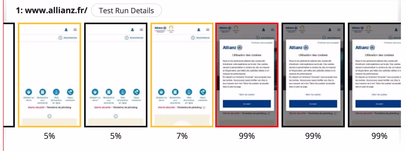 Filmstrip du site Allianz qui montre que la bannière de consentement aux cookies est le LCP de la page
