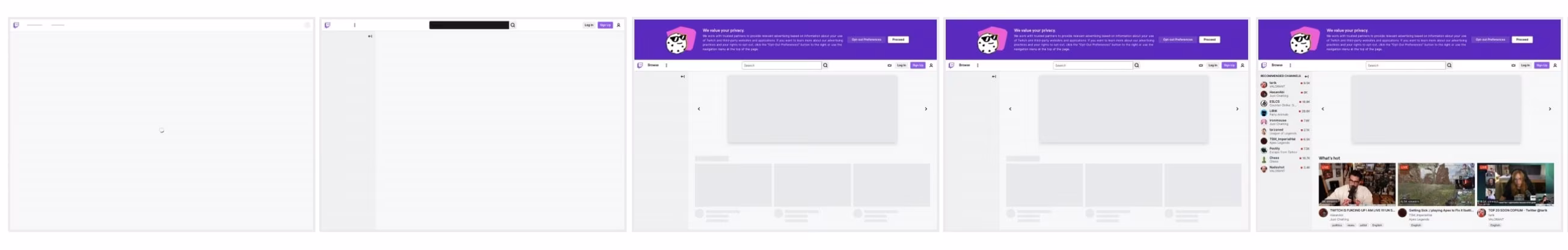 Filmstrip du site Twitch montrant un layout shift lorsque la bannière de consentement aux cookies est affichée