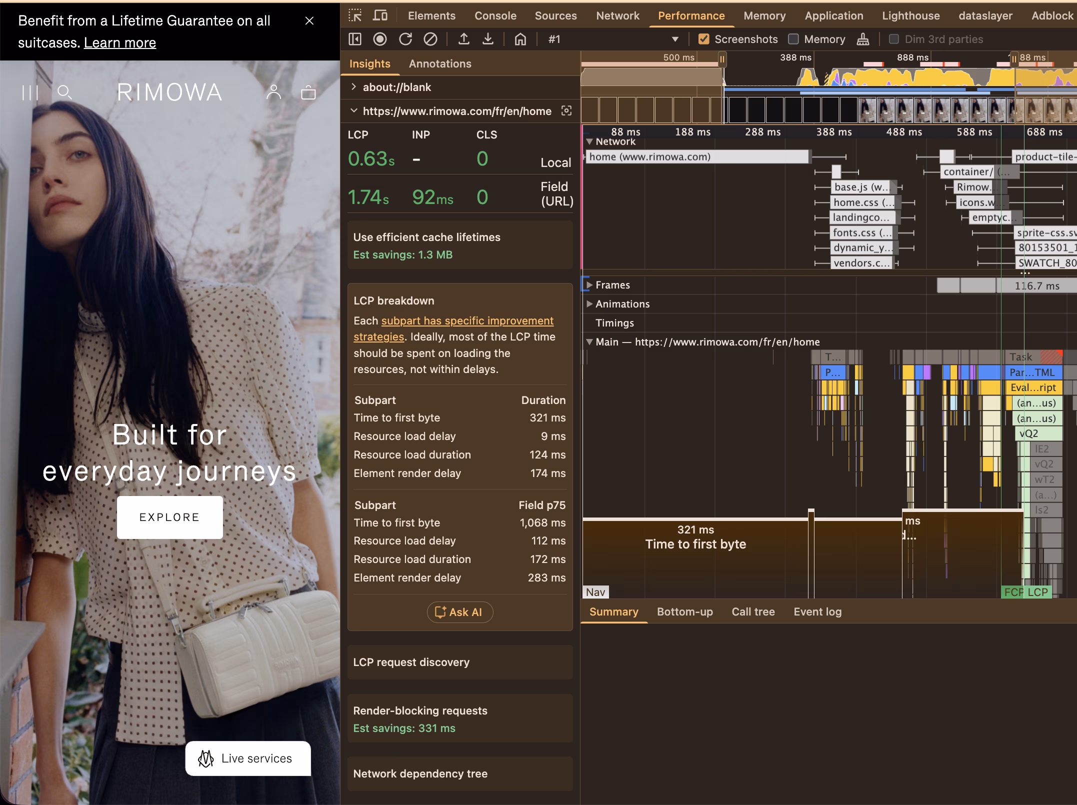 HTML 요청에 대한 Chrome DevTools Timing 패널, 순수 서버 측 TTFB에 해당하는 Waiting for server response 항목이 강조된 화면