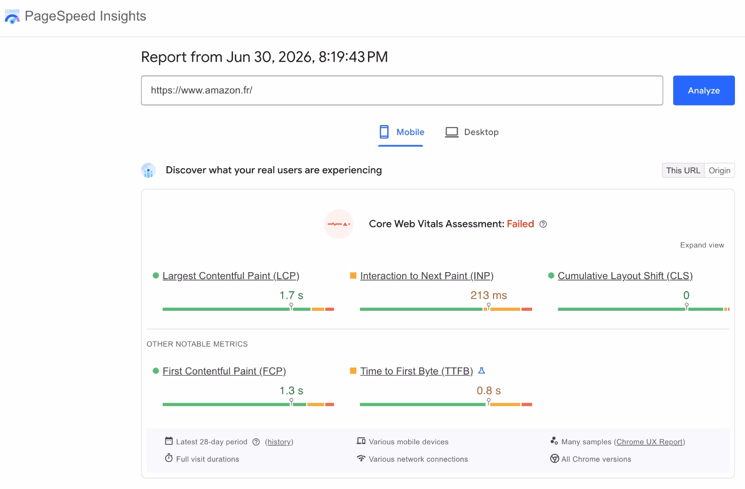 PageSpeed Insights report on amazon.fr in mobile profile showing Time to First Byte at 0.8 s, right at the orange threshold of the needs-improvement zone