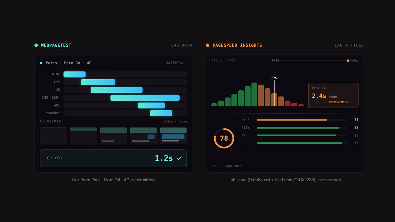 Duo lab + field synchronisé : un test synthétique déterministe (waterfall, filmstrip, score Lighthouse) face à la distribution P75 de 28 jours de vrais utilisateurs Chrome (CrUX)